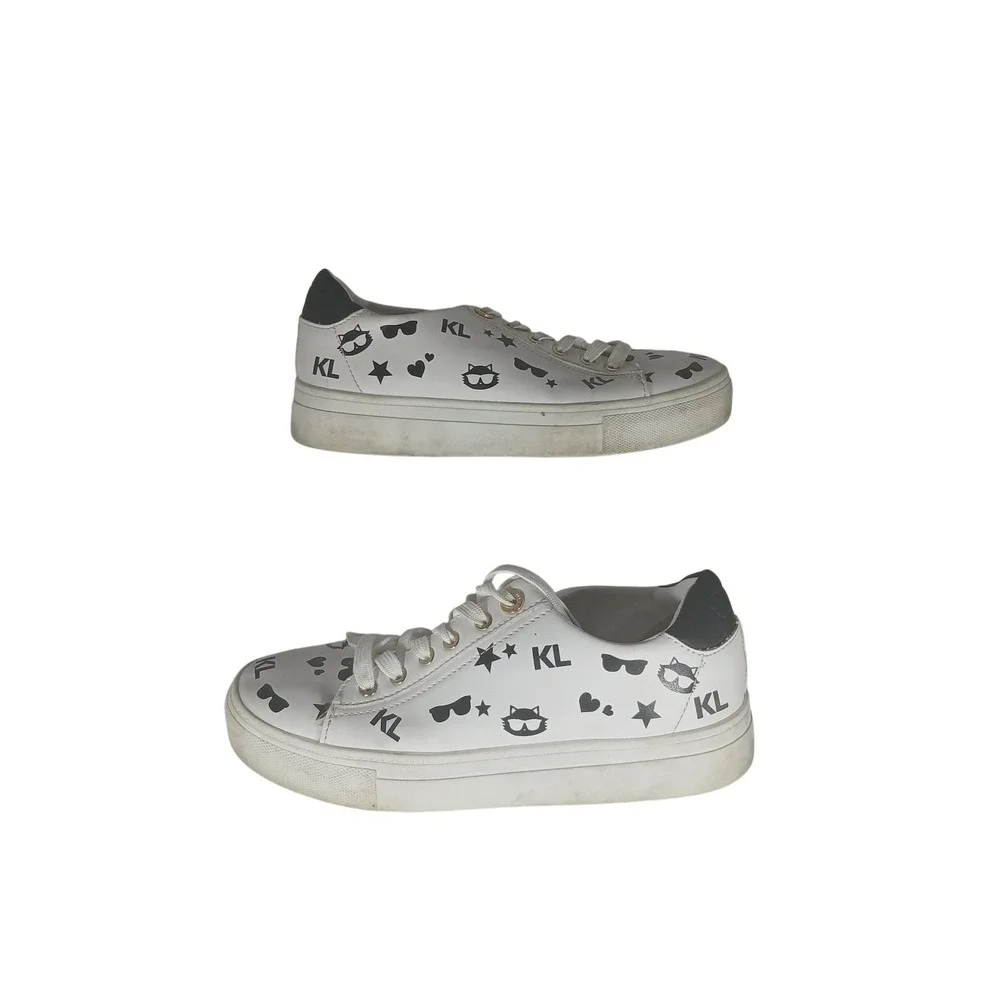 Karl Lagerfeld Cate Choupette Print Sneakers 6 White Black Graphic Platform
